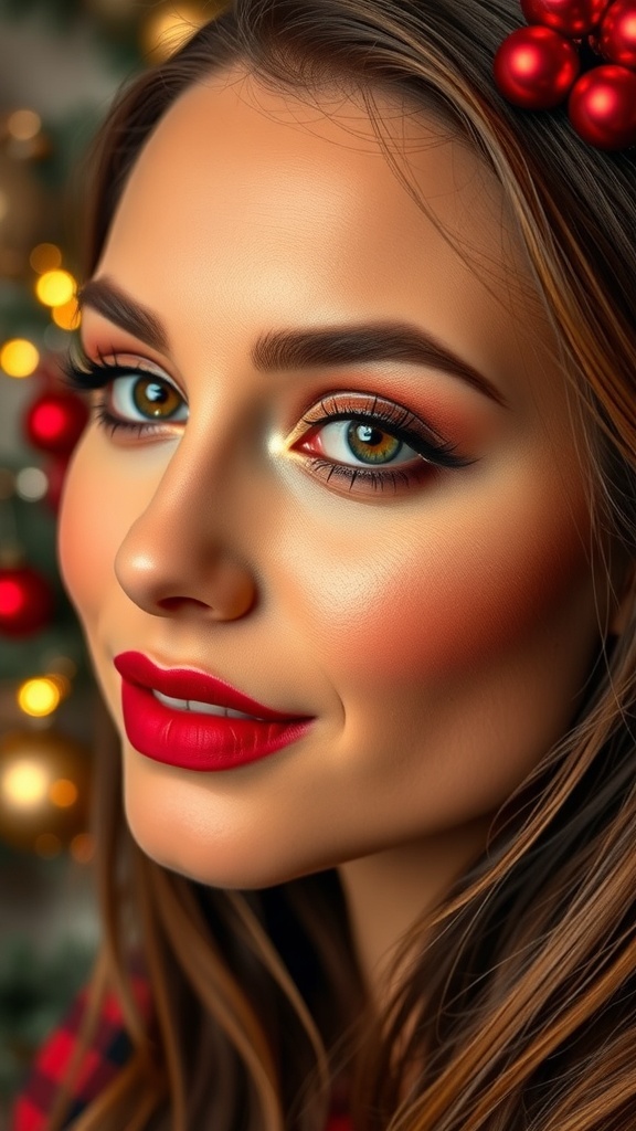 Festive Christmas makeup look for brown eyes with gold and red tones, highlighted cheeks, and red lips.